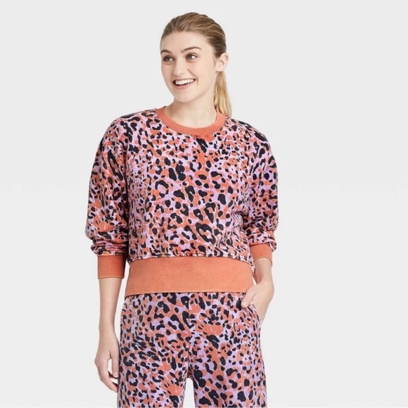 JoyLab Pants - JoyLab French Terry Acid Wash Sweatshirt & Sweatpant SET Leopard Print Sz XL